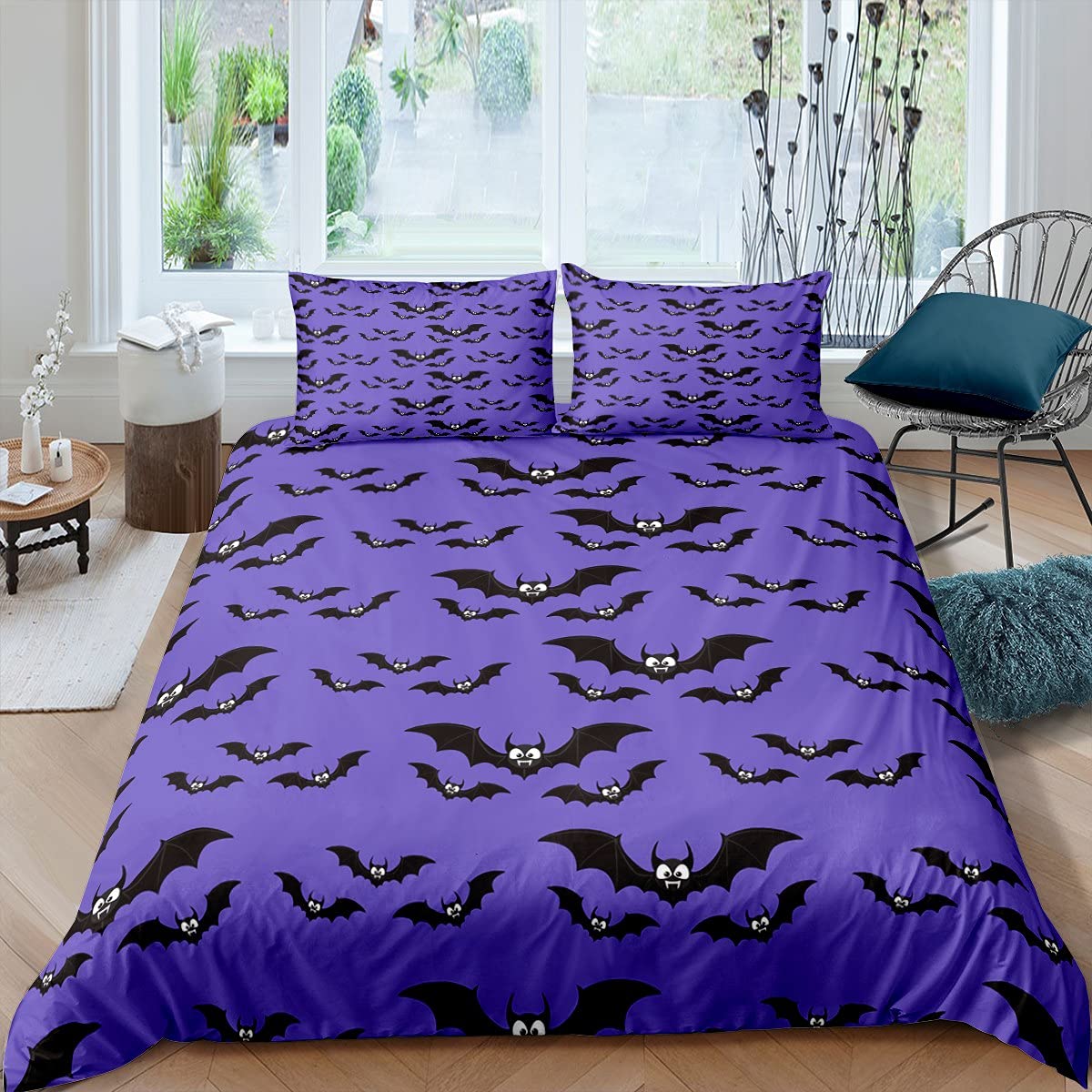 Kids Bats Bedding Set Scary Animal Bedding Duvet Cover Set For Boys Teens Halloween Comforter Cover Purple Black Bedding & Linen BedBedding & Linen 3Pcs King Size