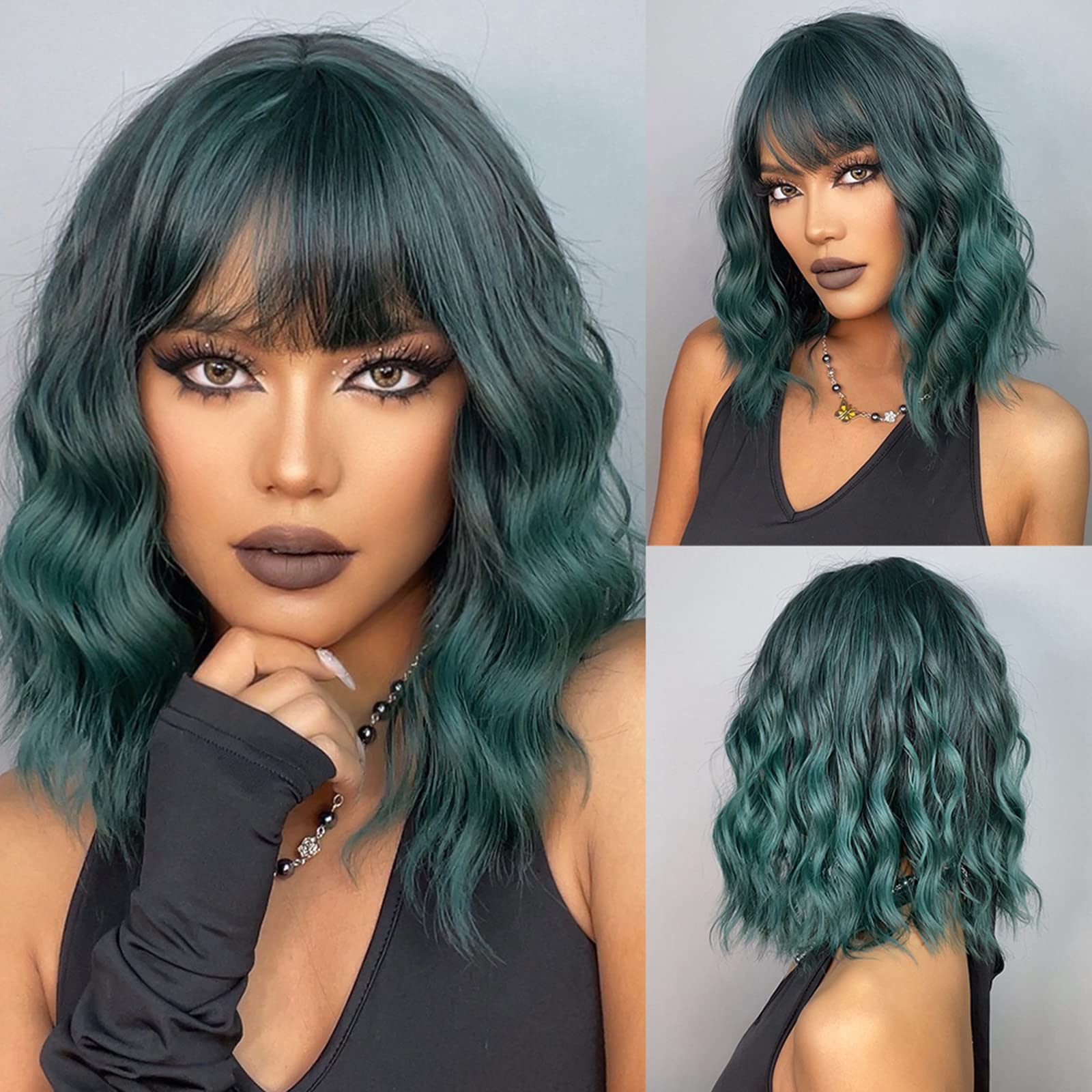 HAIRCUBE 14 Inch Short Curly Mix Green Bob Wigs for Women Synthetic Wigs with Bangs