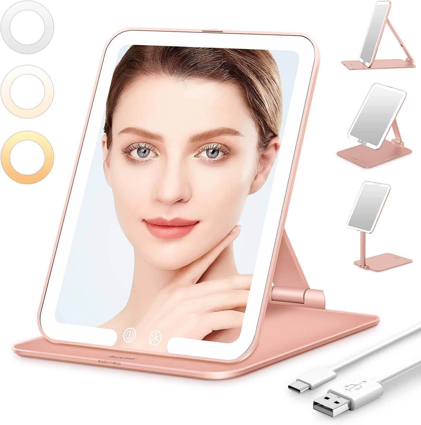 Auxmir Rechargeable Makeup Vanity Mirror, Portable Travel Mirror, 3 Color Lighting, Dimming Touch Screen, Folding Rotating Lighted Beauty Mirror with Stand for Home, Travel(Rose Gold)