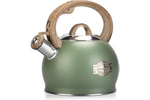 Hauce Radio Tea Kettle Stovetop, 2.1 Quart Stove Top Whistling Tea Kettle, Teapot Kettles with Food Grade Stainless Steel and Wood Pattern Folding Handle, Suitable for All Heat Sources