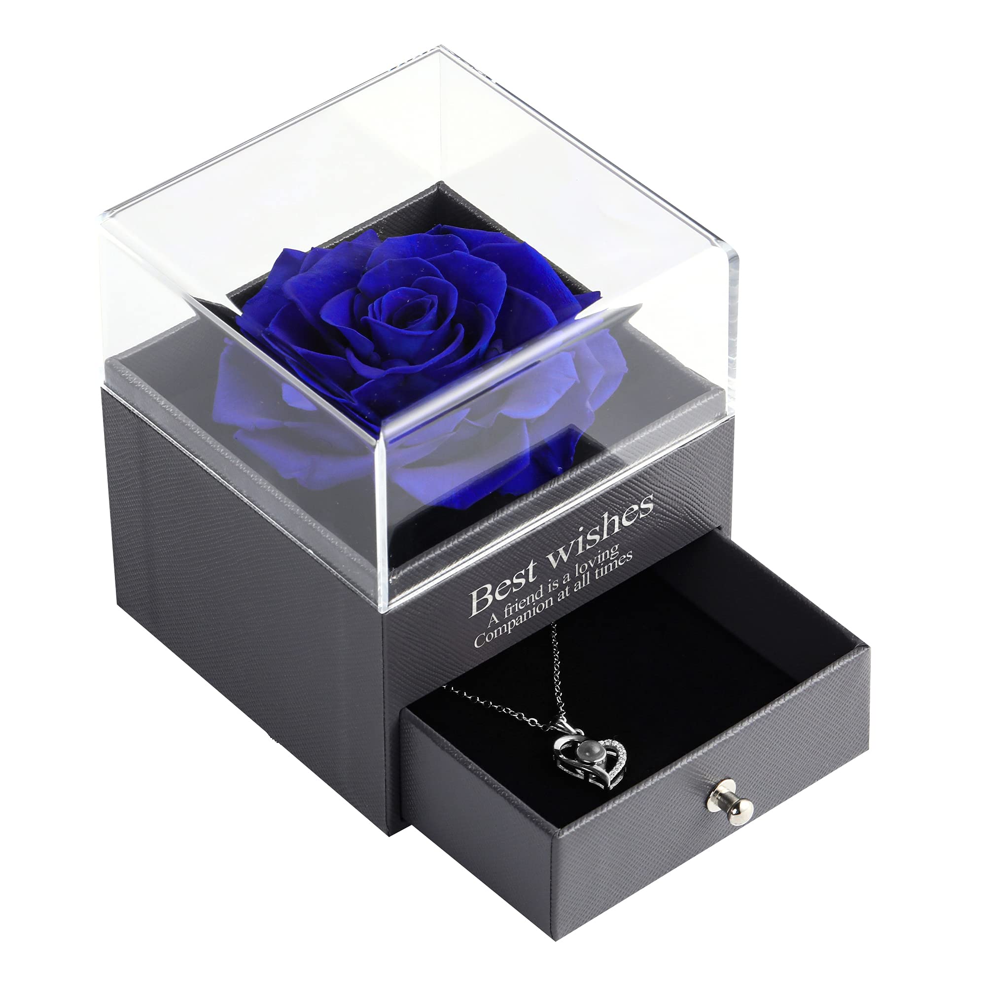 Eaprala Preserved Real Rose Eternal Rose Drawer with Love You Necklace 100 Languages, Gift for Valentine's Day Wedding Anniversary Birthday for her/Women/Girlfriend (Dark Blue)
