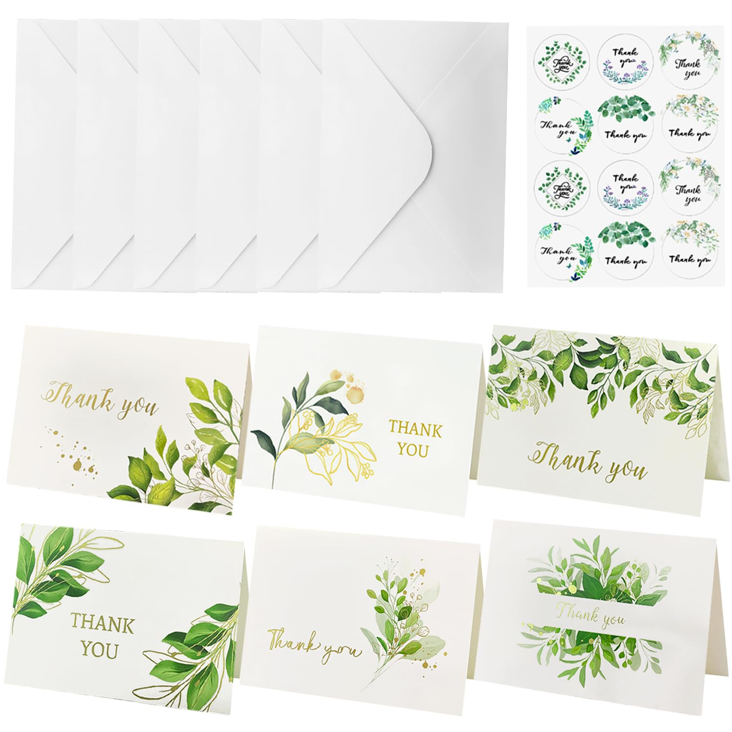 12 Pack Thank You Greeting Cards, Leafy style Thank You Cards Multipack with 12 Envelopes & 12 Stickers for Teachers Birthdays Wedding Graduation