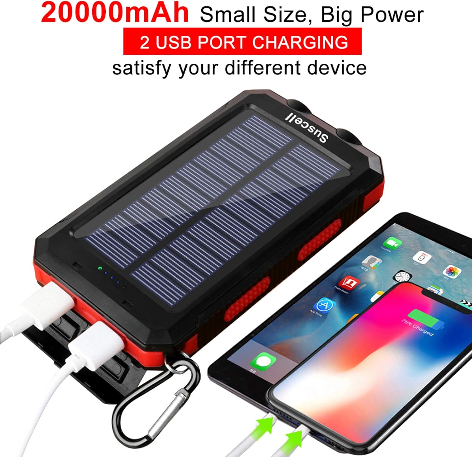 Solar Charger, SUSCELL 20000mAh Portable Solar Power Bank for Cell Phone, Dual 5V/2.1A USB Ports Output and 2 Led Flashlight, Perfect for Outdoor Trip/Emergency