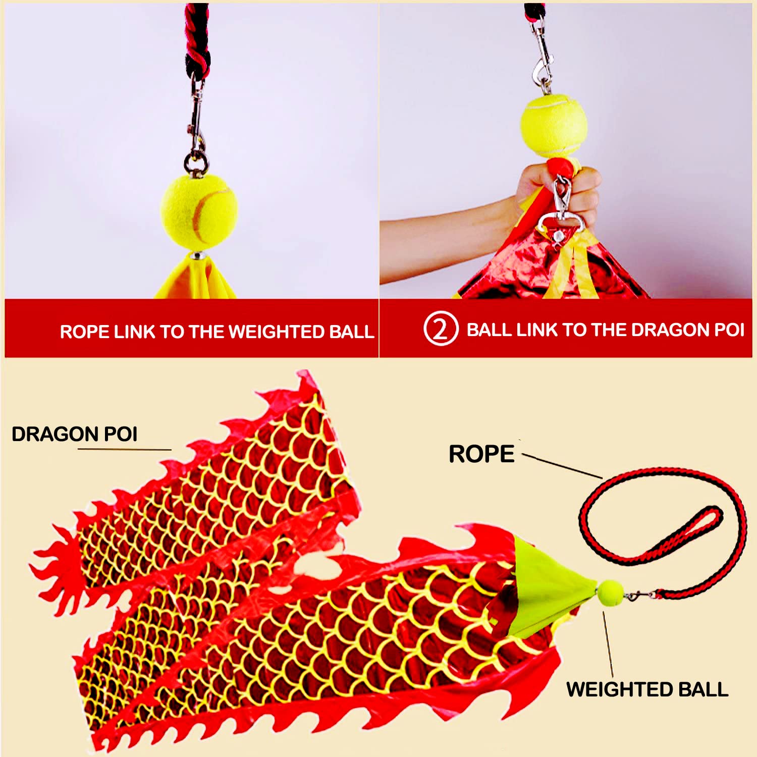 DSJUGGLING 3D Dragon Poi with 340g Weighted Ball & 1.1 Meters Swing Rope - Silk Flowy Shaking & Flinging Chinese Golden Dragon Ribbon Streamer + Travel Bag! (6 Meters (19.6 FT), Golden Red Dragon)
