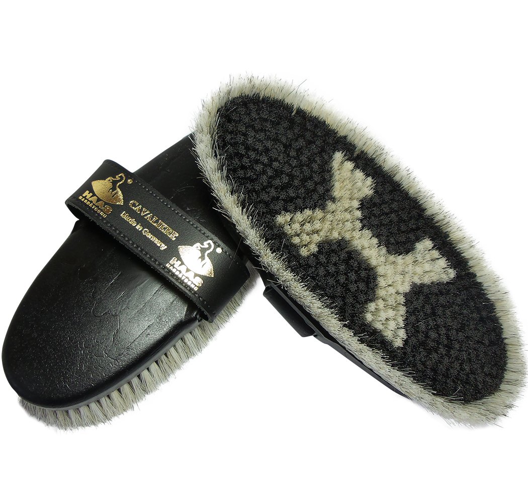 Haas 4025589206304 Cavaliere for women made of horsehair with longer bristle edge and leather hand strap, size 200 x 85 mm, the brush back is black.