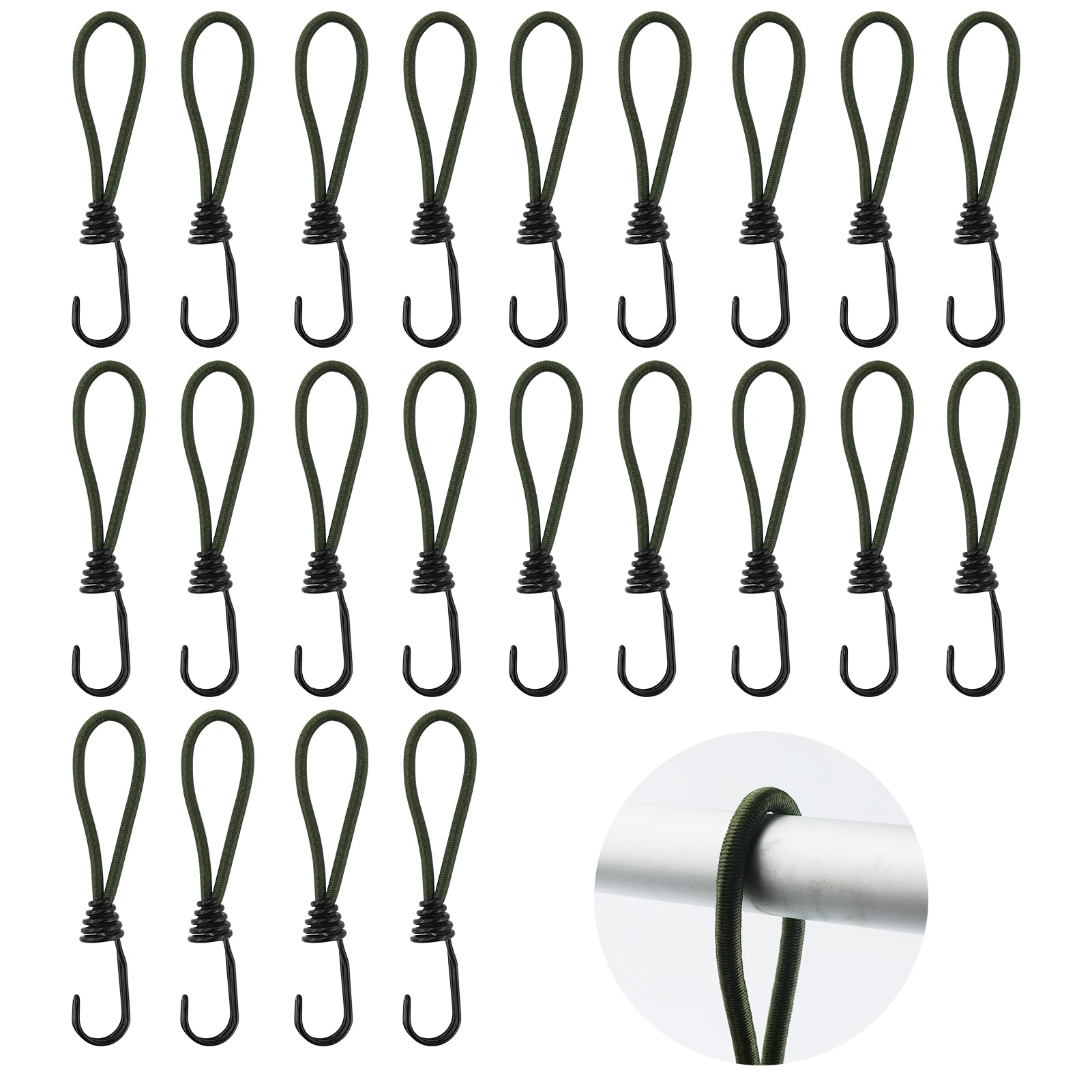 22Pcs Short Bungee Cords with Hooks (6mm Thick), Small Bungee Cords with Hooks, Small Bungee Ropes with Hooks, Elastic Bungee Loops with Metal Hooks, for Tarpaulin, Tent, Camping, Fixing (Army Green)