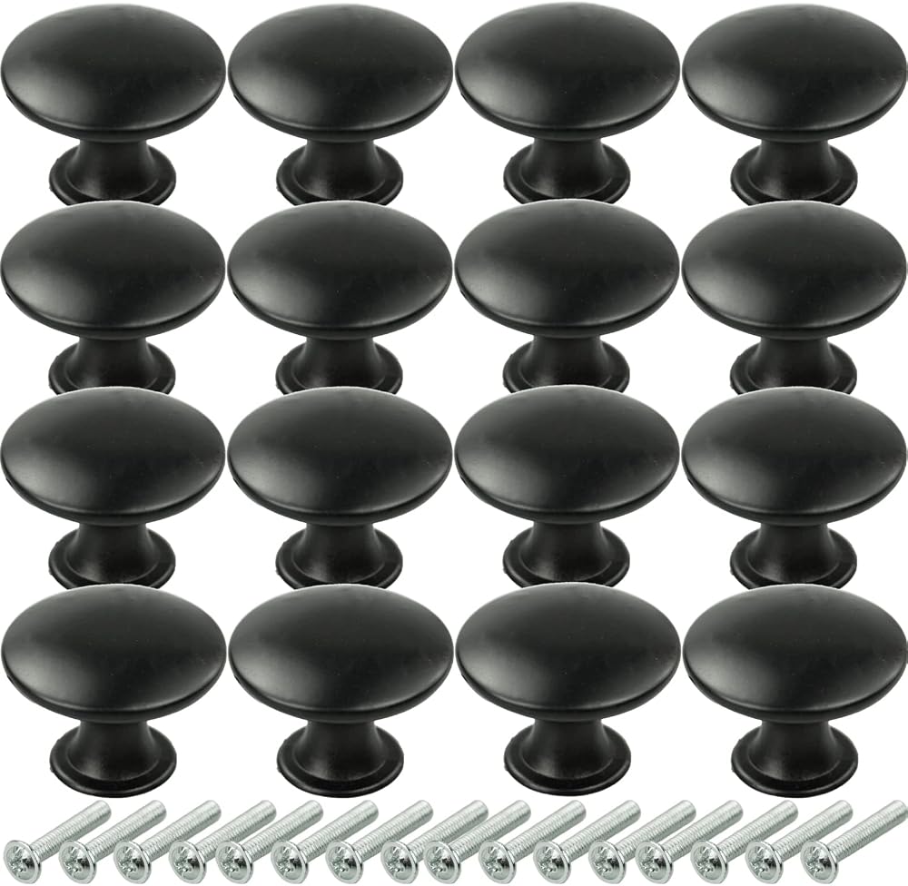 SZCXDKJ 16x 30mm Black Round Cabinet Knobs Metal Drawer Cupboard Handles Screws