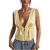 RoseSeek Women's Tie Front Deep V Neck Peplum Tops Lace Trim Sleeveless Satin Crop Tank Top