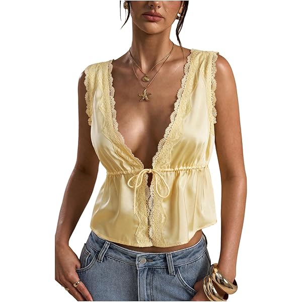 SOLY HUX Women's Y2k Lace Trim Open Tie Front Tank Top V Neck