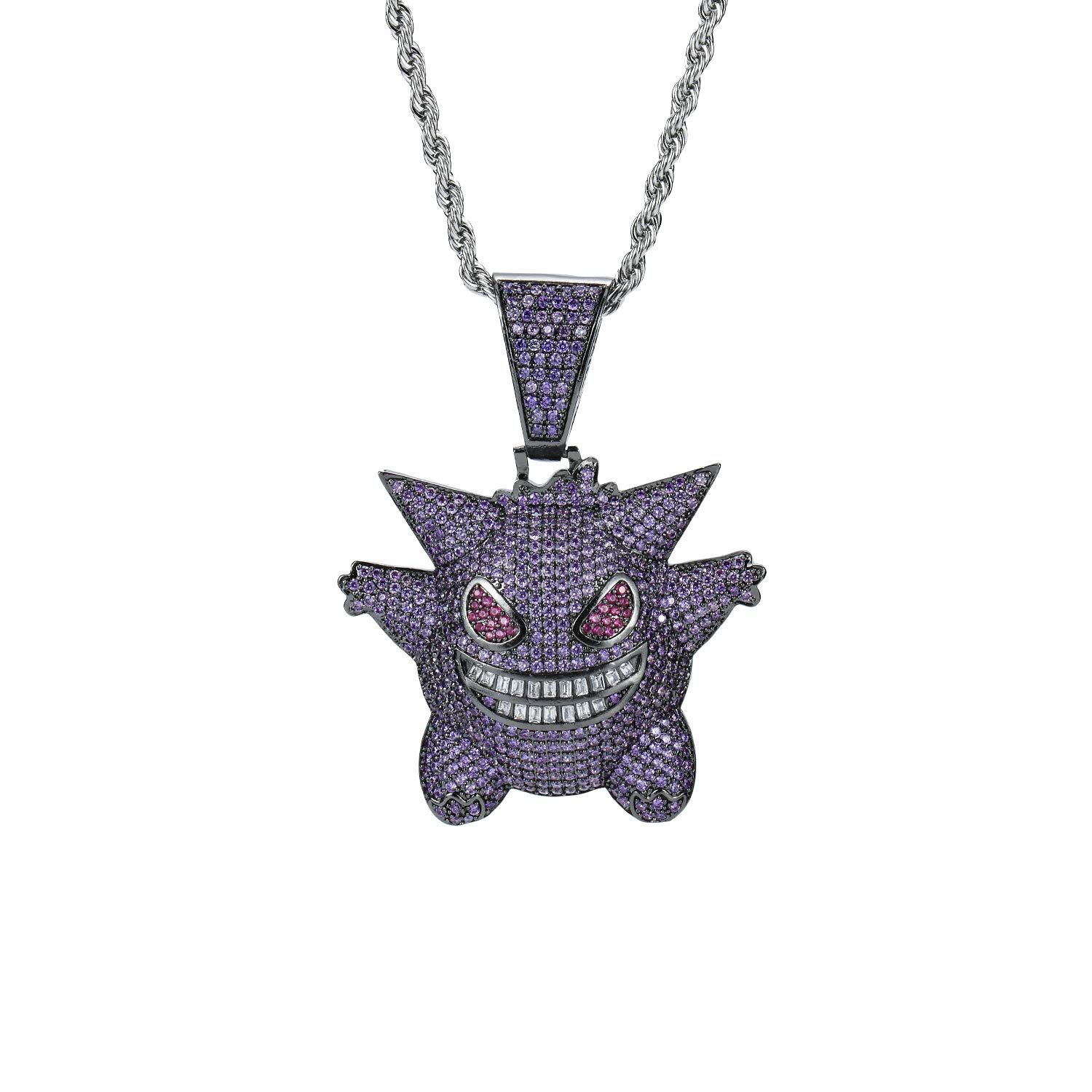 MTCLFTOO Hip Hop Gengar Pendant Jewelry Unisex Iced Out Necklace with Rope Chain+Mala Beads Bracelet Gift for Men Women-(Purple)