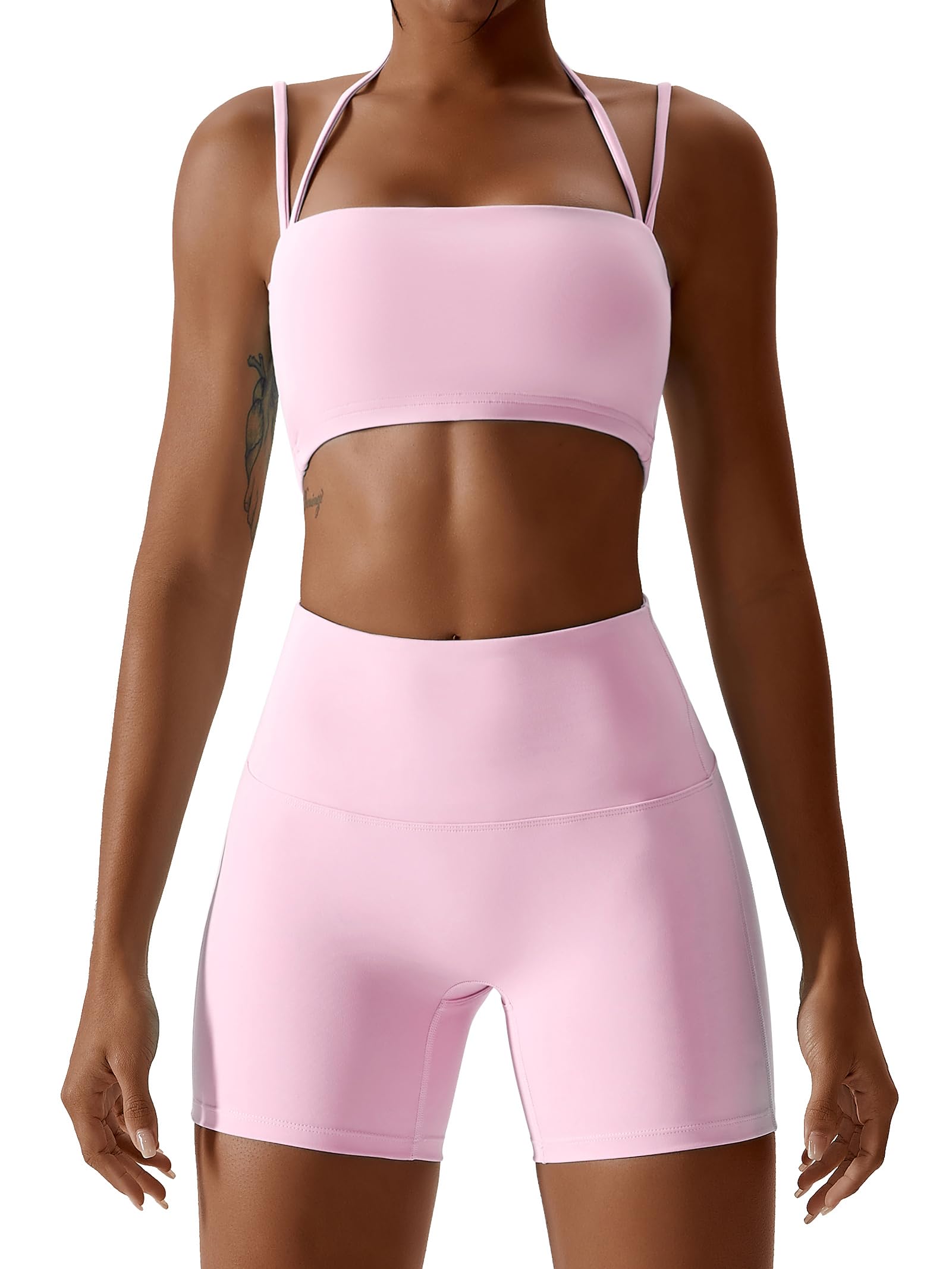 Photo 1 of ABOCIW Workout Sets for Women High Waist Booty Shorts 1 Piece Gym Fitness Yoga OZ-Light Pink Medium