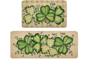 DECORHUA St Patricks Day Kitchen Decor Mats Set of 2, Non-Slip Absorbent Rug and Door Mats, Lucky Green Shamrock Clover Kitchen Floor Mat 17x29 and 17x47 Inch DM128