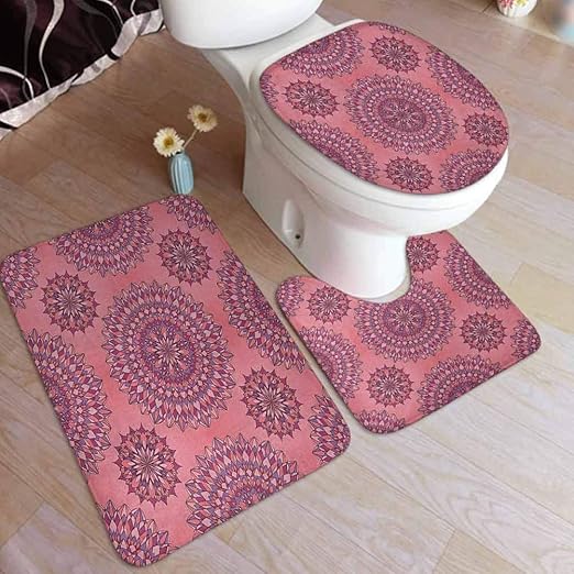 Amazon Com Purple Bathroom Rugs Set Ancient Filigree Art Inspired Bohemian Kitsch Oriental Display Non Slip Bath Mat Toilet Lid Cover Toilet Rug Set Home Kitchen