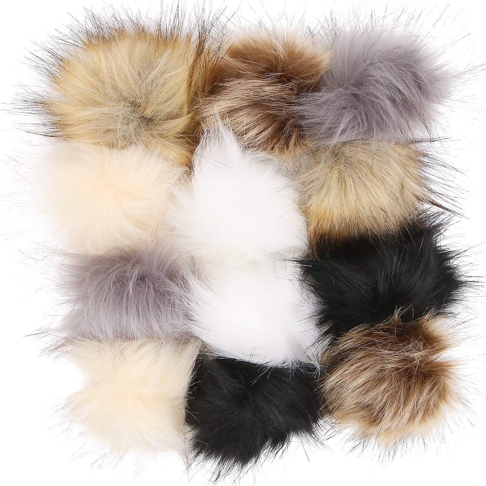 Set of 12 Faux Fur Pompom Balls with Press Button for Knitting Hats Bags