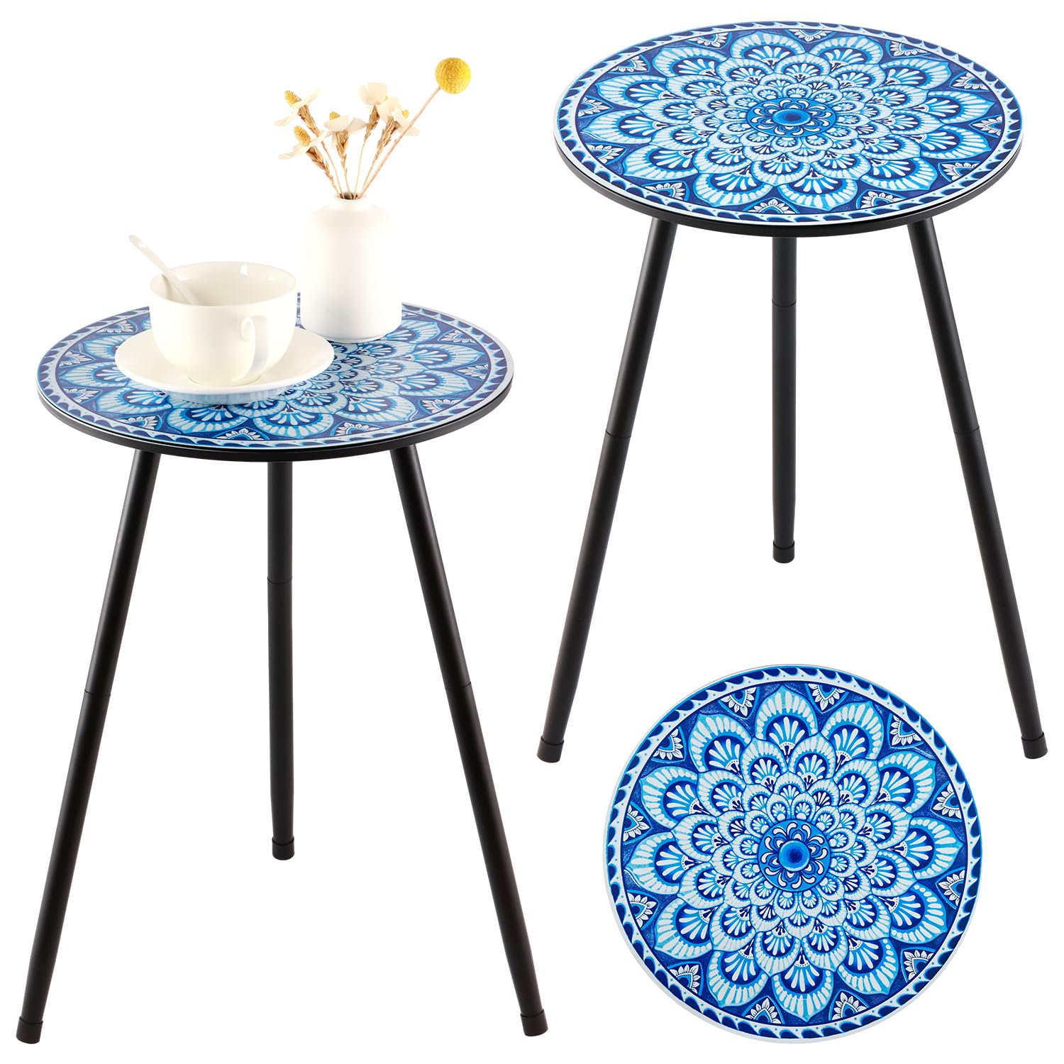 Photo 1 of 2 Packs Metal Mosaic Round Side Tables 13.4" Small Outdoor Patio Round Accent Coffee Tables Indoor Corner Stand for Small Spaces Weather-Resistant for Balcony, Porch Plant Stands Indoor, Blue Mosaic