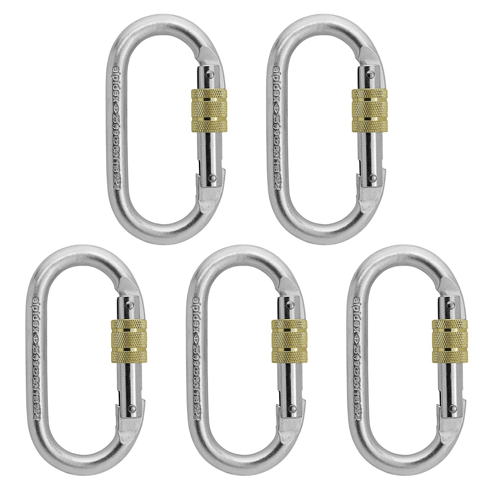 ALPIDEX Set of 5 Steel Oval Screwgate Carabiners – 25 kN – EN 362 & EN 12275 – Heavy Duty Carabiner for Climbing and Work Safety