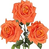 Rzoukler Real Touch Orange Roses Artificial Flowers 3Pcs Latex Faux Roses Flowers with Long Stem 25” Lifelike Fake Roses for DIY Wedding Bouquet Table Centerpiece Home Party Fall Decorations (Orange)