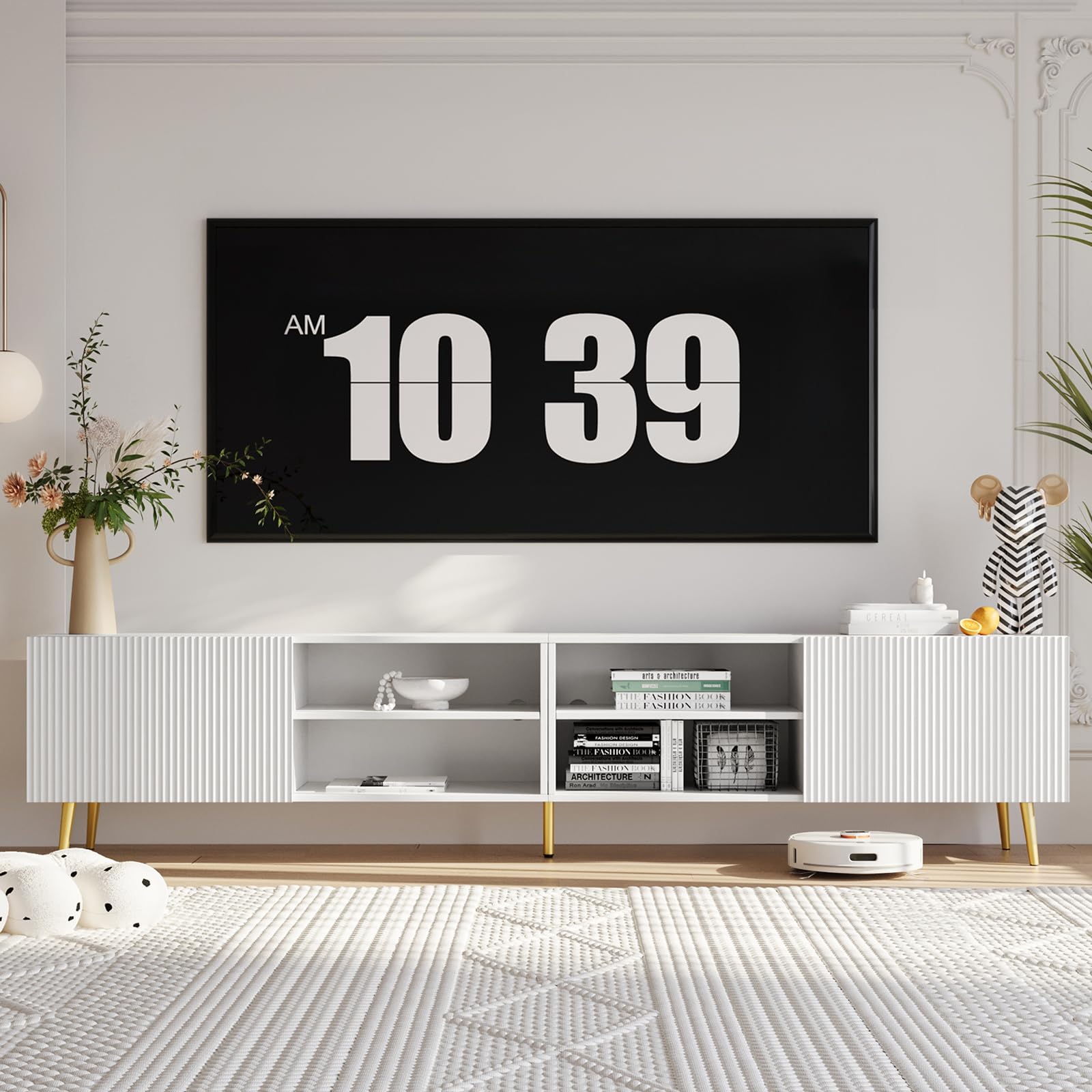 Photo 1 of KIMOLST Modern 86in TV Stand for Living Room, Fluted Design Entertainment Center with Adjustable Shelves,Media TV Console Table with Storage for Bedroom,White