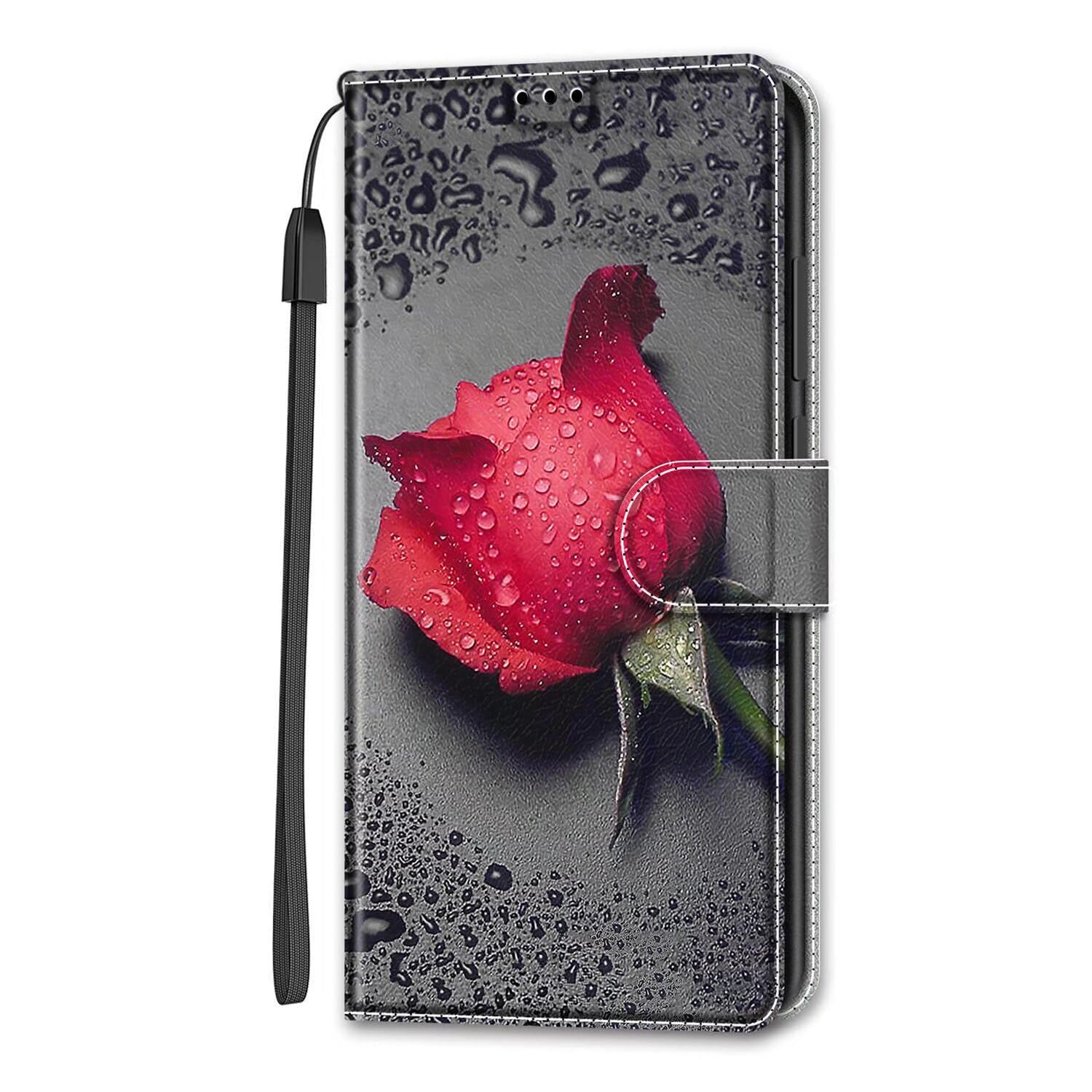 Dfjhure For iPhone SE 2022 Case iPhone SE 2020 Case iPhone 8/7 Case Leather Flip Wallet Phone Case Cover Silicone Shockproof Bumper Cover Stand View Cover with Card Slots Phone Case- Red rose