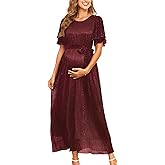 AISWI 2025 Maternity Sparkly Mesh Maxi Flowy Dress with Belt Ruffle Sleeves Pregnant Long Dress Baby Shower Photoshoot Formal