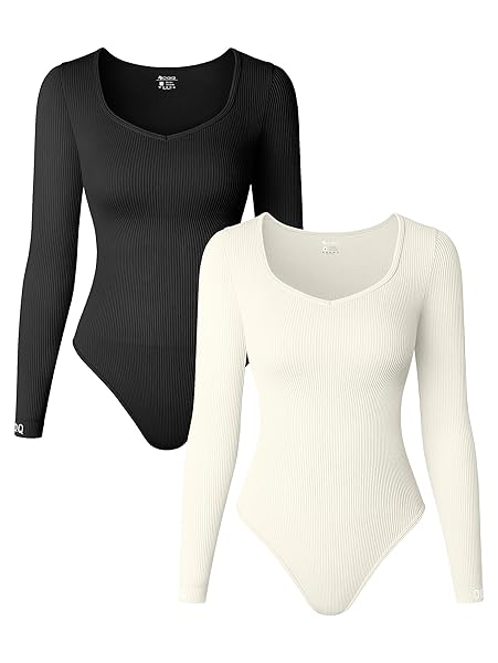 OQQ WOMEN’S 2 PIECE BODYSUITS SEXY RIBBED LONG SLEEVE TOPS BODYSUITS BLACK BEIGE