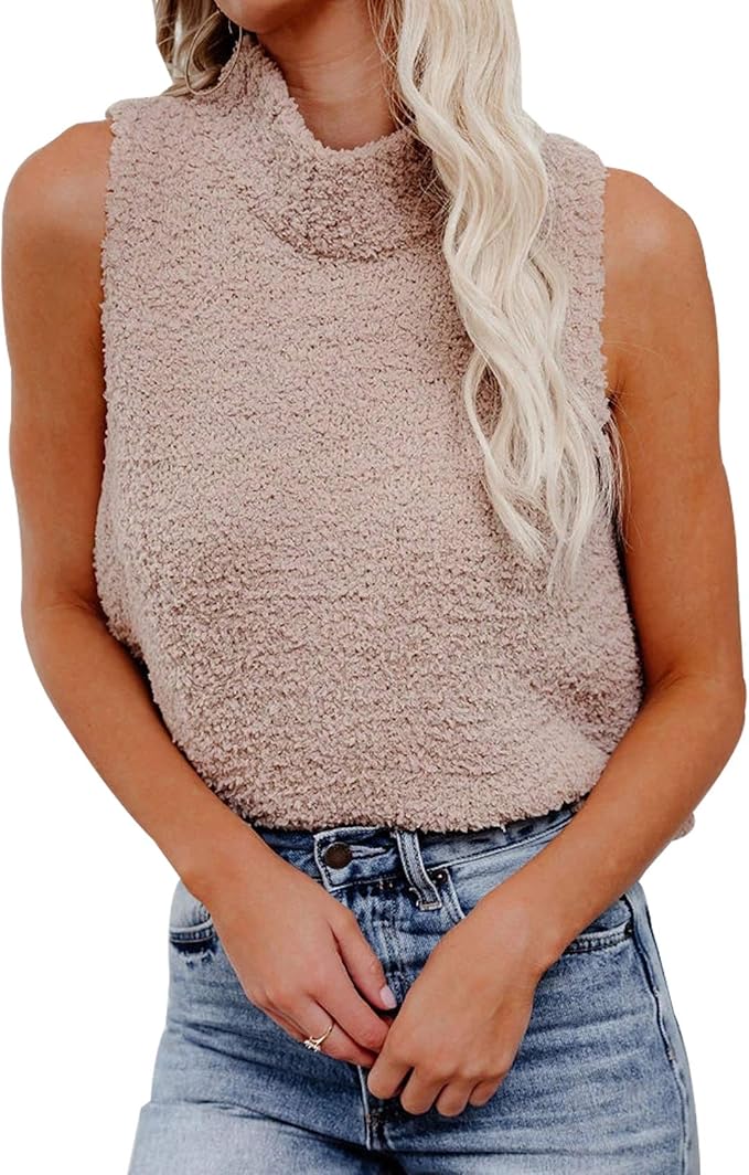 CXINS Women Sleeveless High Neck Turtleneck Stretchable Fleece Knit Sweater Top Tank Top Cami 