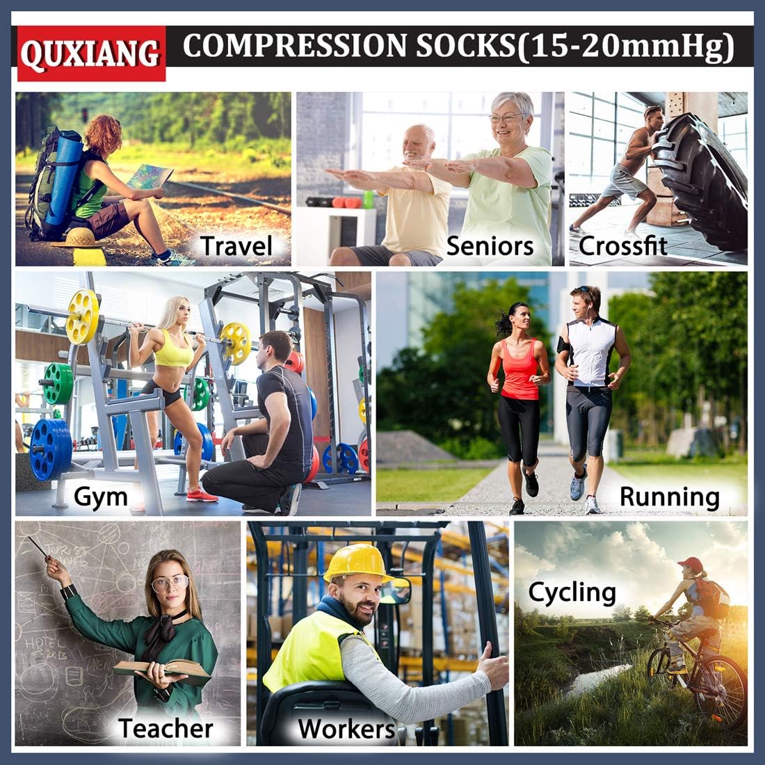 QUXIANG Copper Compression Socks for Women & Men Circulation (8 Pairs) - Best for Running Athletic Cycling - 15-20 mmHg: Clothing