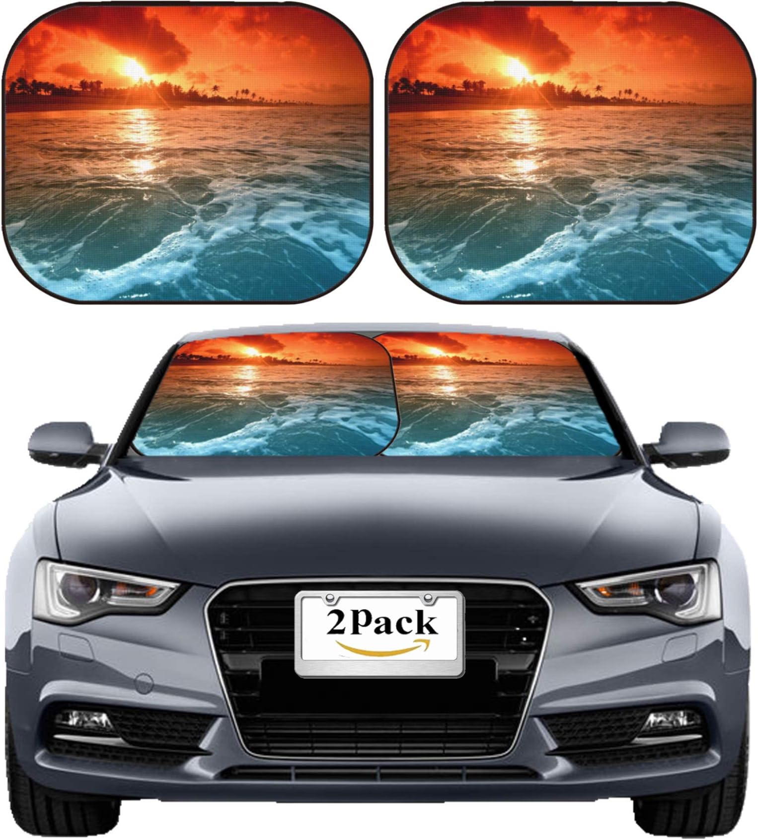MSD Car Sun Shade Windshield Sunshade Universal Fit 2 Pack, Block Sun Glare, UV and Heat, Protect Car Interior, Image ID: 9258822 Landscape Ocean sunrice Golden Sky
