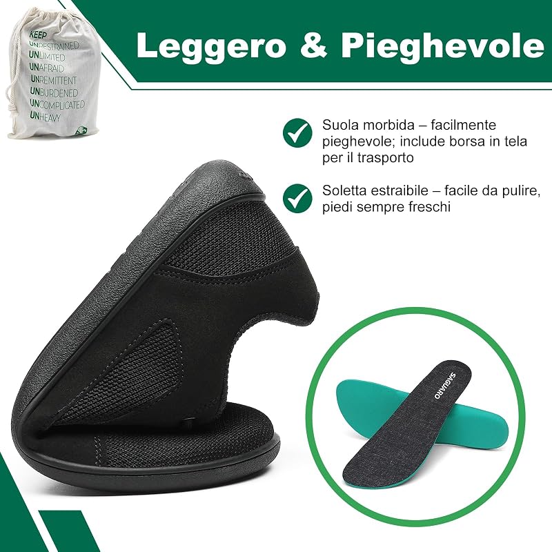 Scarpe Barefoot minimaliste Unisex con Punta Larga, Zero Drop, Suola Flessibile e Antiscivolo, Leggere e Traspiranti per Camminare, Lavoro e Uso Quotidiano Nero,Gr.38