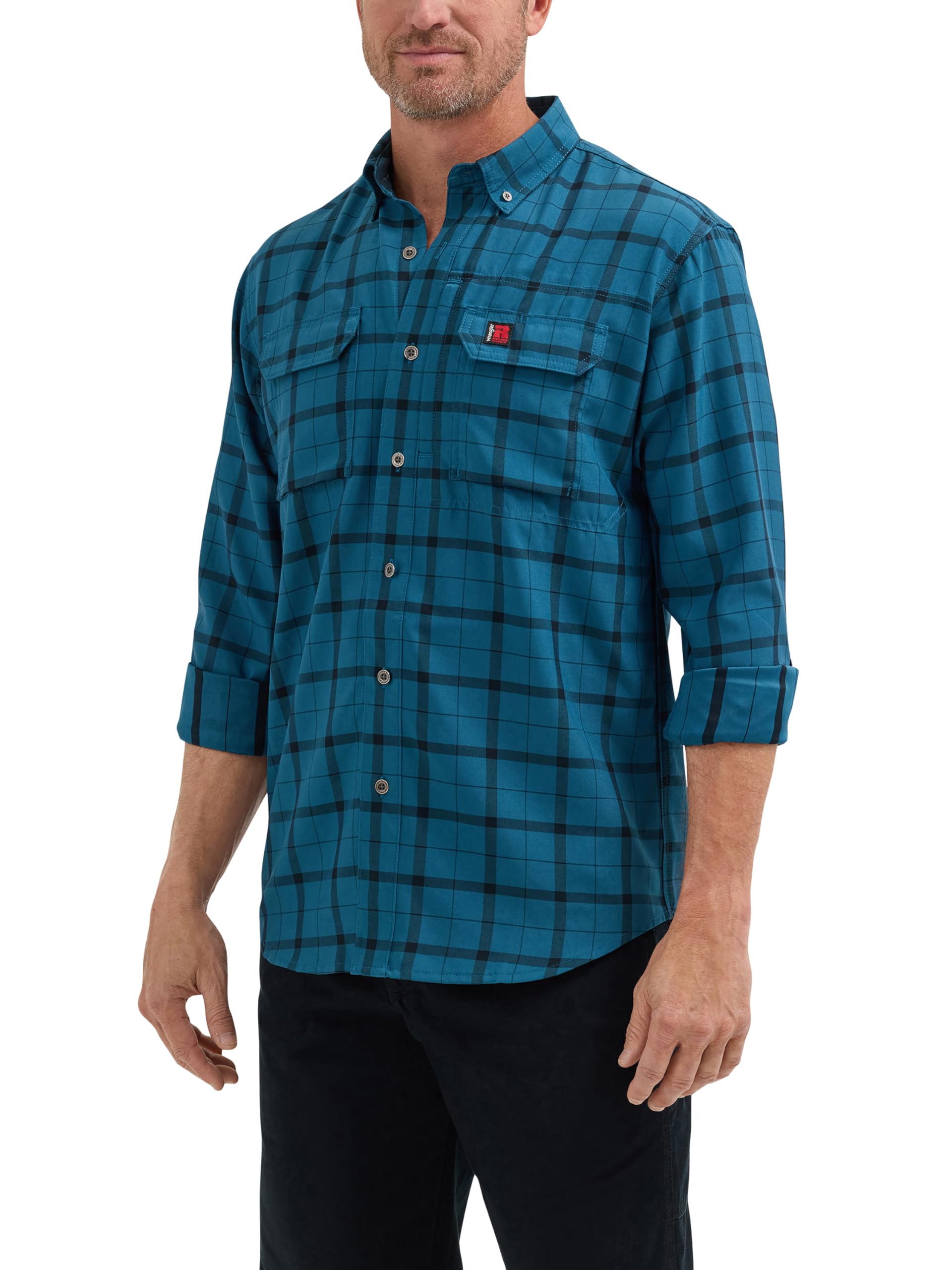 Wrangler Riggs Workwear Men’s Long-Sleeve Technical Button-Down Work Shirt, Blue Check, Small