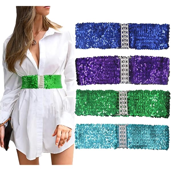 1218 4 Pack Women Girls Sparkly Glitter Sequin Stretchy Elastic Waist Belt RARITYUS 4 Pack Women main image 3