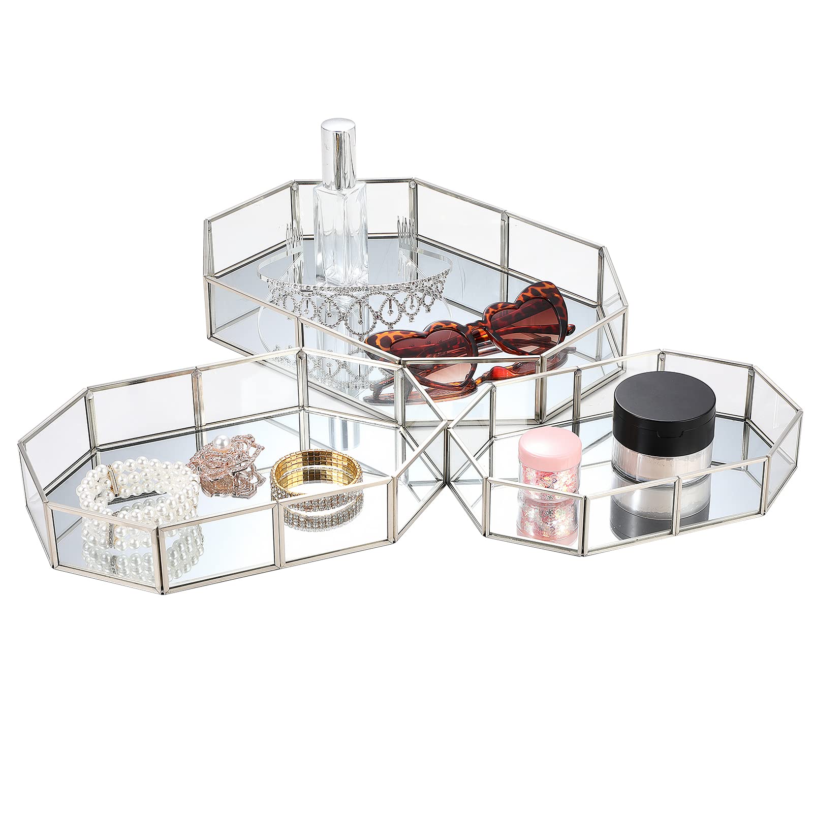 Photo 1 of 3 Pieces Mirror Tray Metal Vanity Rectangle Octagon Perfume Mirror Makeup Cosmetic Dresser Tray for Dresser Bedroom Bathroom Hotel, 3 Sizes(Silver)