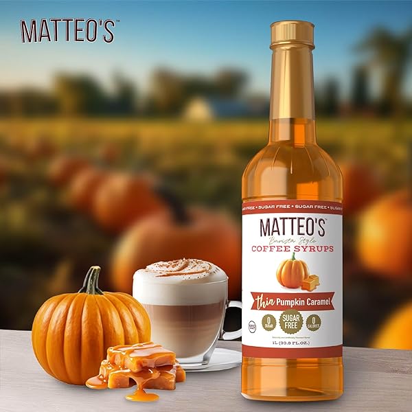 MATTEO’S BARISTA STYLE SUGAR-FREE COFFEE SYRUP, PUMPKIN CARAMEL FLAVOR, ZERO CALORIES AND SUGAR, KETO FRIENDLY, IDEAL FOR LATTES, CAPPUCCINOS, ESPRESSO, AMERICANO, INDULGENT TASTE 33.8 OZ, 1-PACK