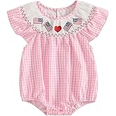 MoZiKQin Baby Girl 4th of July Outfit Embroidered American Flag Plaid Bubble Romper Smocked Bodysuit Cute Summer Clothes