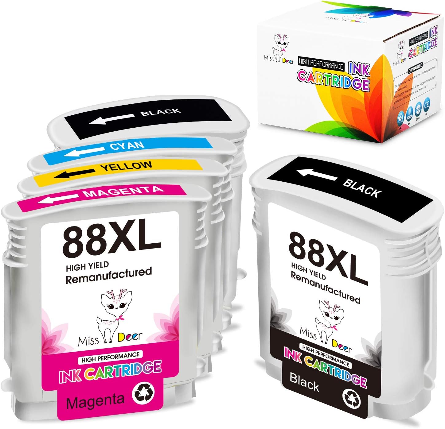 Miss Deer 88XL High Yield Compatible Ink Cartridge Replacement for HP 88 XL 88XL Work with Officejet Pro K5400 K550 K8600 L7480 L7550 L7580 L7590 L7650 L7680 L7750 L7780(2BK, 1C, 1M, 1Y) 5 Pack