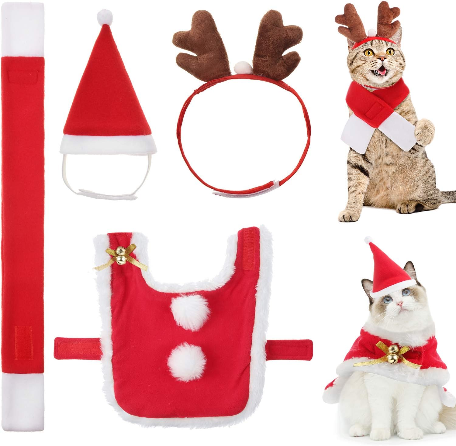 Syhood 4 Pieces Cat Christmas Outfit Christmas Cat Santa Hat and Scarf Christmas PET Costume Set Dog Puppy Kitten Cosplay Adjustable Costume Accessories for Small Cat