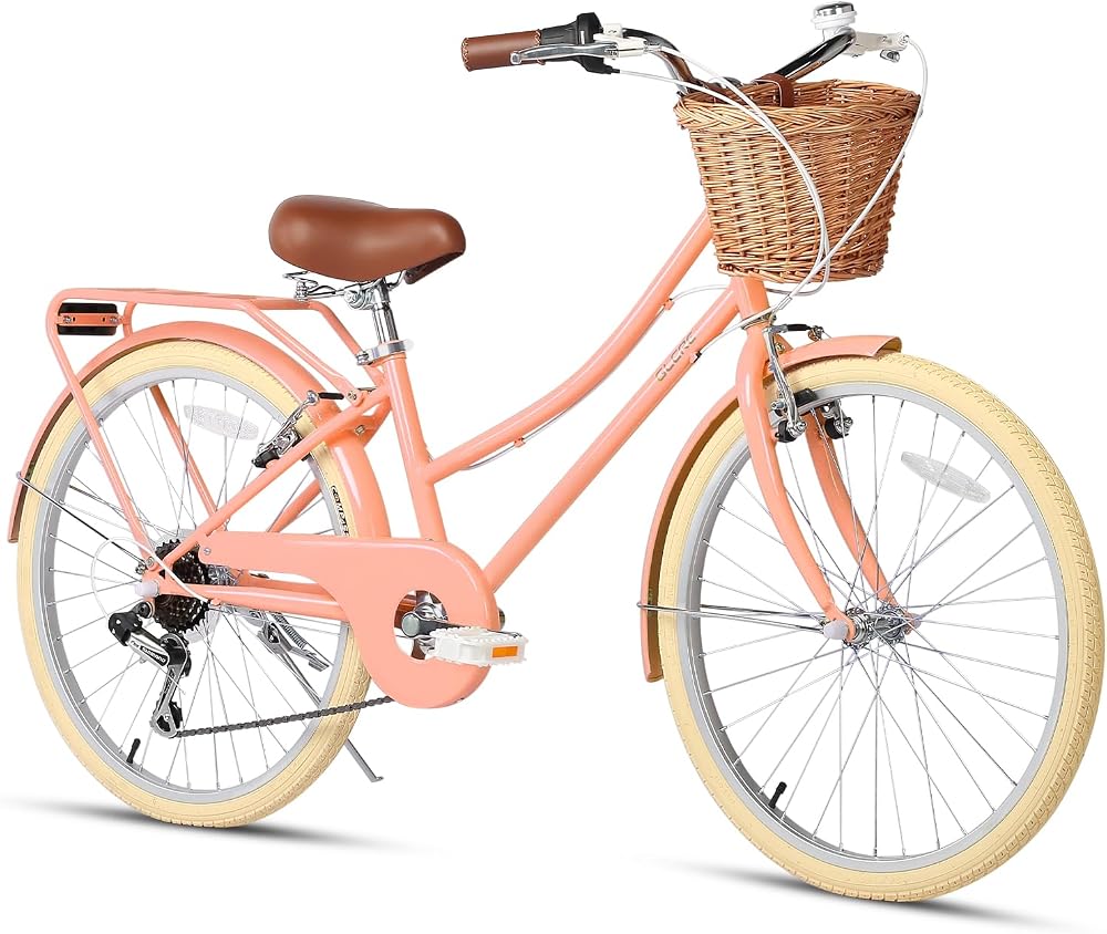 Glerc Missy 24 Inch Girl Cruiser Bike 6-Speed Peach with Basket Rack