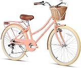 Glerc Missy 24 Inch Girl Cruiser Bike 6-Speed Peach with Basket Rack