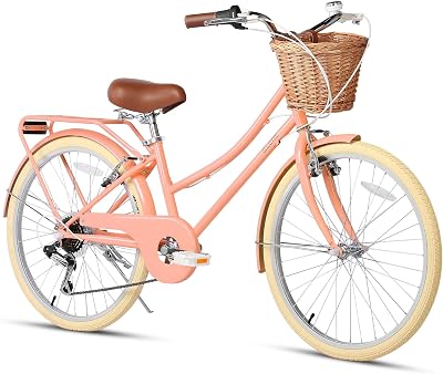 Glerc Missy 24 Inch Girl Cruiser Bike 6-Speed Peach with Basket Rack