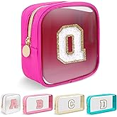 Mini Clear Personalized Initial Makeup Bag,Small Nylon Waterproof Zip Beach Cosmetic Pouch,Preppy A-Z Chenille Letter Patch Cute Coin Purse Travel Toiletry Bag Car Pack Bag for Women(Hot Pink-White Q)