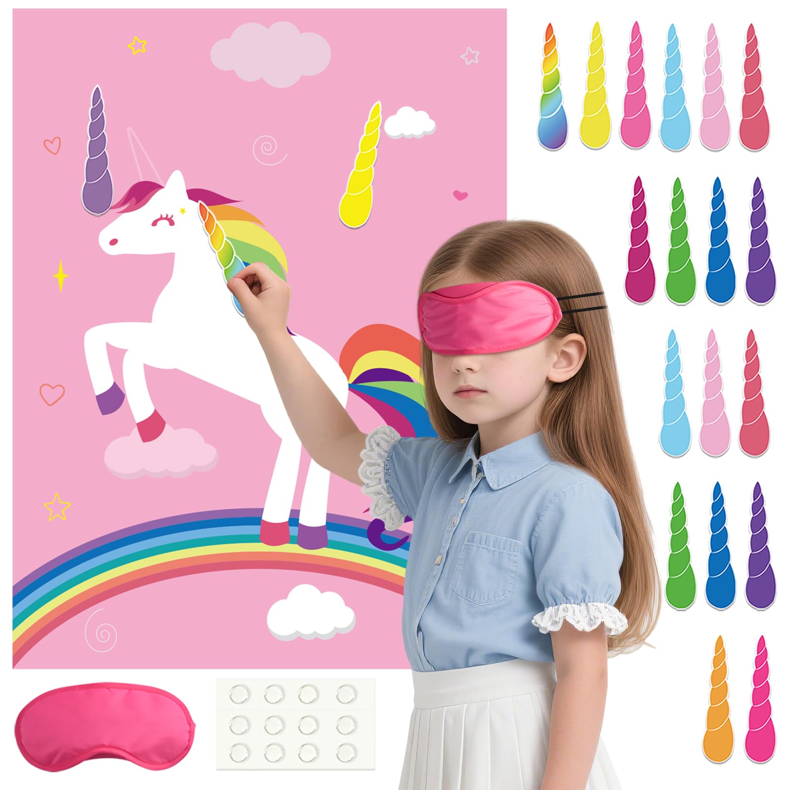 Photo 1 of PLULON Pin The Horn On The Unicorn for Kids Birthday Party Game, Unicorn Party Supplies Favors Girls Rainbow Birthday Decorations Poster Home Family Wall Decorations for Girl Boy Classroom Activities