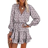 Dokotoo Spring Dresses for Women 2026 Boho Floral Drawstring V Neck Smocked Long Sleeve Ruffle Tiered Chiffon Mini Dress
