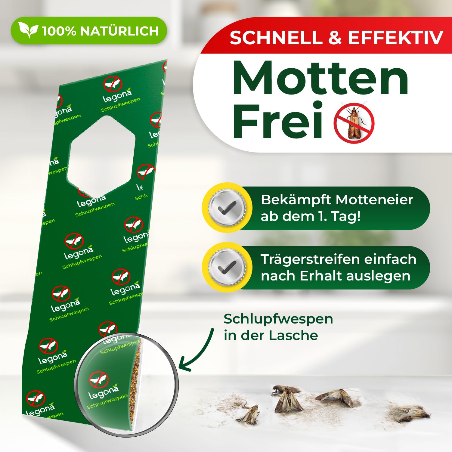 Legona Schlupfwespen gegen Lebensmittelmotten, 3 Lieferungen mit je 3 Trägern, 9 Wochen Vollbehandlung 2