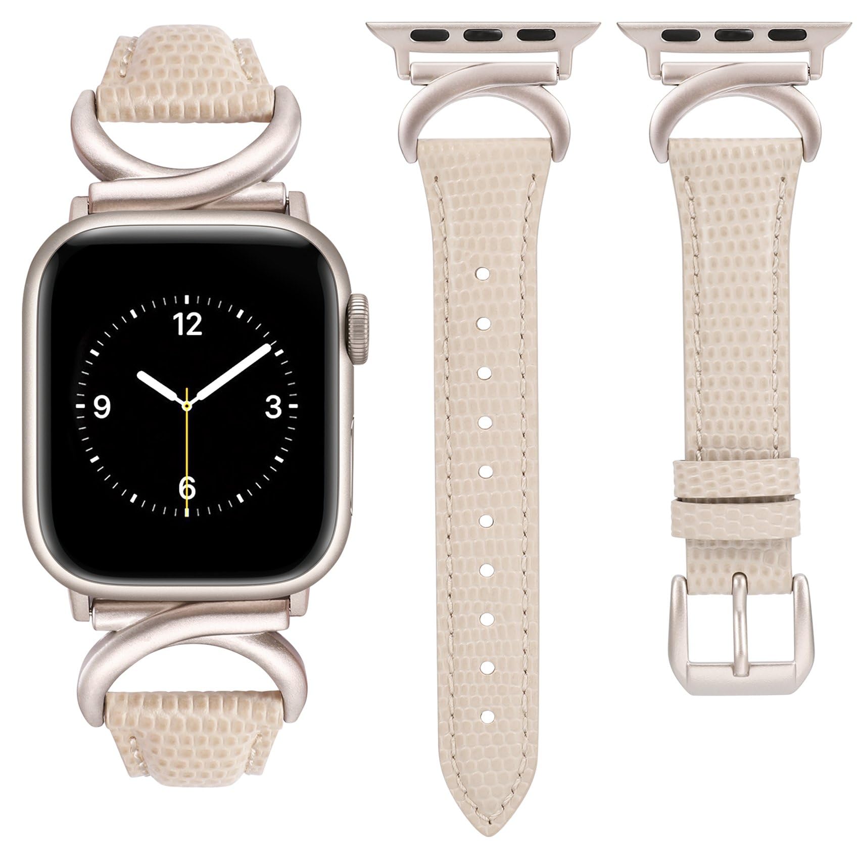 TOYOUTHS Leather Strap Compatible with Apple Watch Straps 41mm 40mm 42mm 38mm Women Slim Thin Dressy Strap with C-Shaped Metal Buckle for iWatch 11 10 9 8 7 6 5 4 SE 3 2 1, Lizard Starlight/Starlight