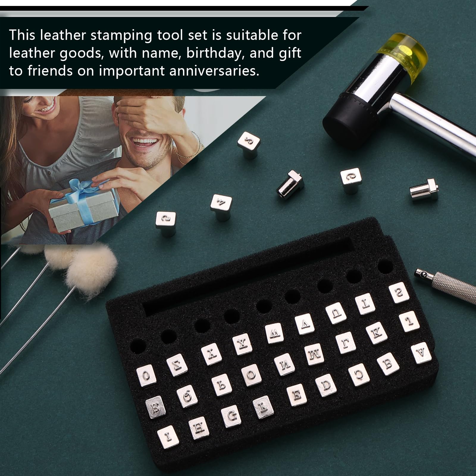 Wonvoc 44 Pcs Leather Stamping Tools, 36 Pcs Leather Letter Stamps, Leather Stamping Kit, with Wool Dauber Stamping Tools, Leather Hammer, for DIY Leathercrafts