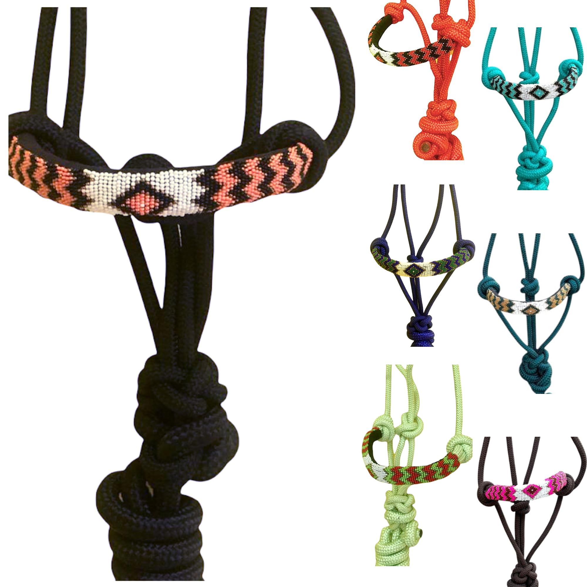 Majestic Ally Padded Beaded Nose Braided Rope Halter with 10' Matching Lead (Black)