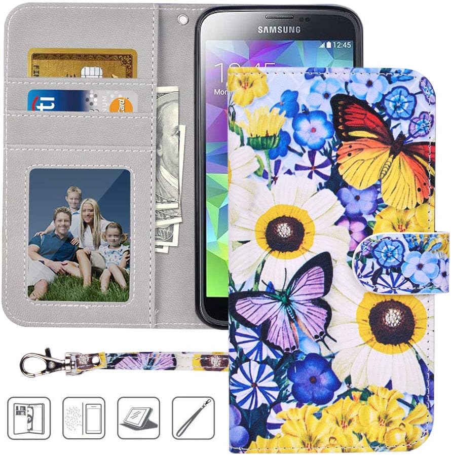 S5 Wallet Case, Galaxy S5 Case, MagicSky Premium PU Leather Flip Folio Case Cover with Wrist Strap,Card Holder, Cash Pocket, Kickstand for Samsung Galaxy S5(Butterfly Over Flowers)