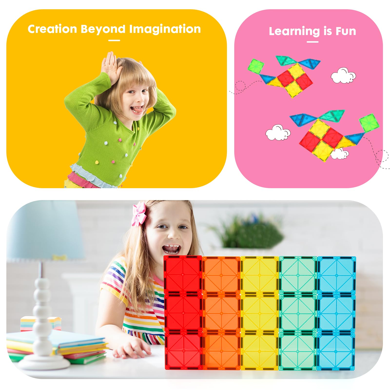 Gemmicc 100 PCS Magnetic Tiles with 2 Cars, STEM Approved Educational Magnet BuildingToys, Magnet Puzzles Stacking Blocks for Boys Girls