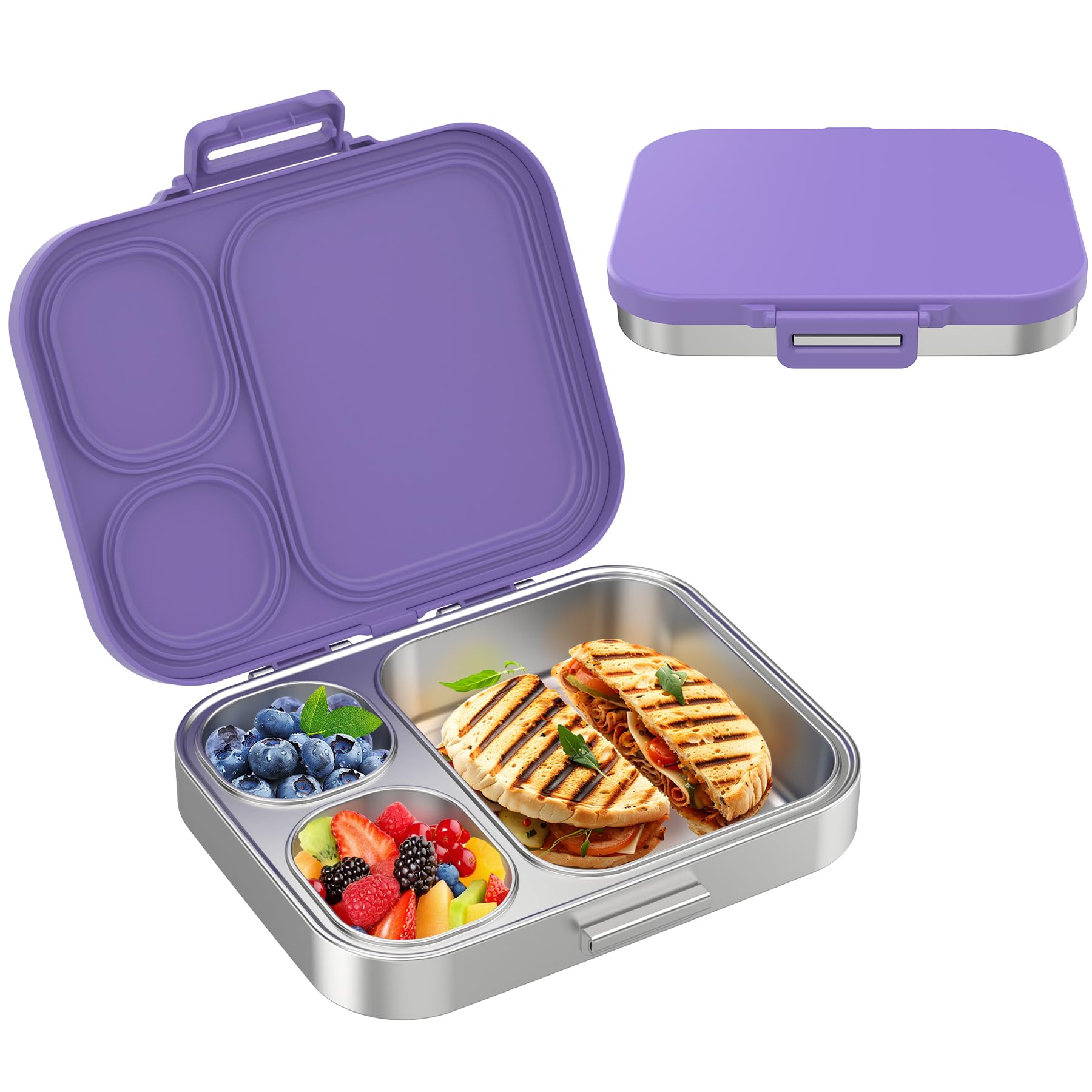 Photo 1 of Pawtong Stainless Steel Bento Lunch Box for Kids | 3-Compartment Lunch Box Container Kids | 100% Leakproof, Dishwasher-Safe, Eco-Friendly, Perfect Portion Control for Kids&Adult Healthy Meals (Purple)