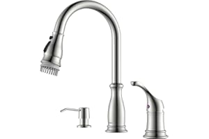 APPASO 3 Hole Kitchen Faucet with Pull Down Sprayer 3-Mode, Stainless Steel Brushed Nickel, 2 Hole Pull Out Kitchen Sink Faucet with Side Single Separate Handle and Soap Dispenser, Easy Install, 211BN